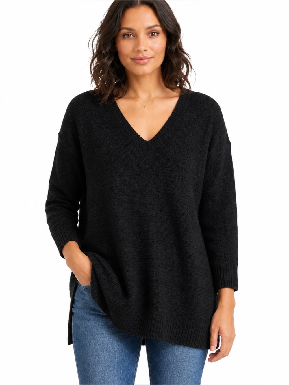 LILLA P Black V Neck Knit Sweater Tunic Womens Large
